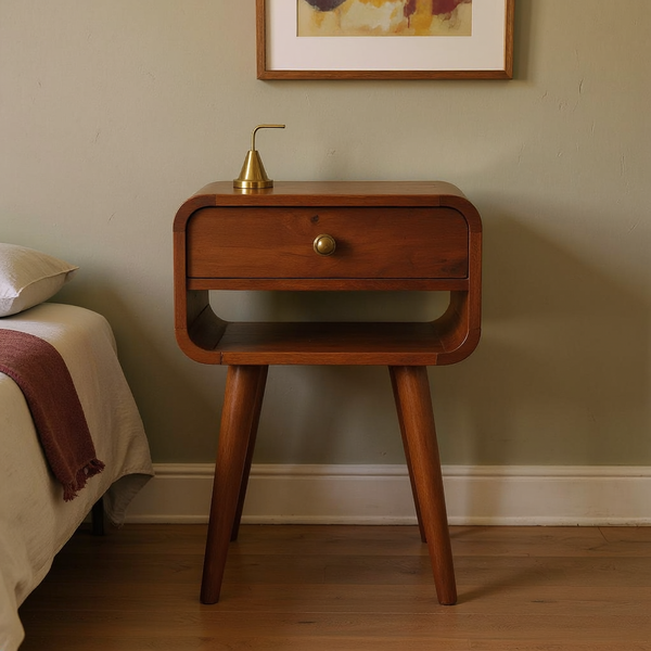 Curved Mango Wood Mini Nightstand in a styled home interior