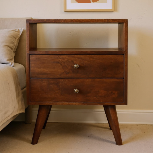 Chestnut Mango Wood Mid-Century Nightstand in a styled home interior