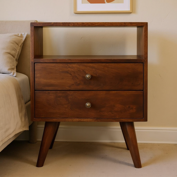 Chestnut Mango Wood Mid-Century Nightstand in a styled home interior