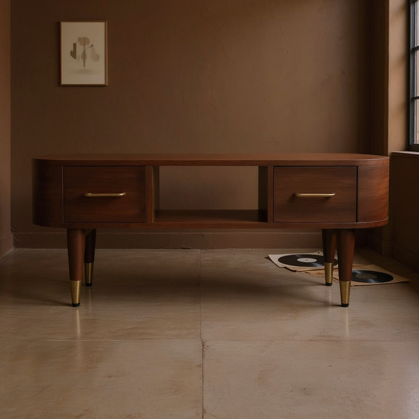 Curved Mango Wood Media Console in a styled home interior