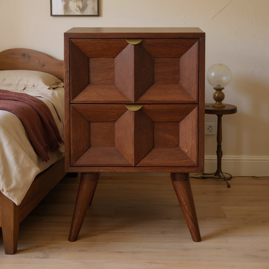 Chestnut Mango Wood Quad Nightstand in a styled home interior