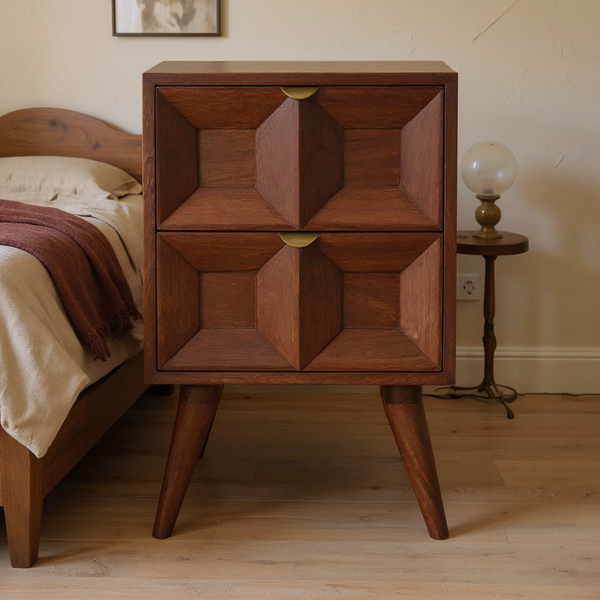 Chestnut Mango Wood Quad Nightstand in a styled home interior
