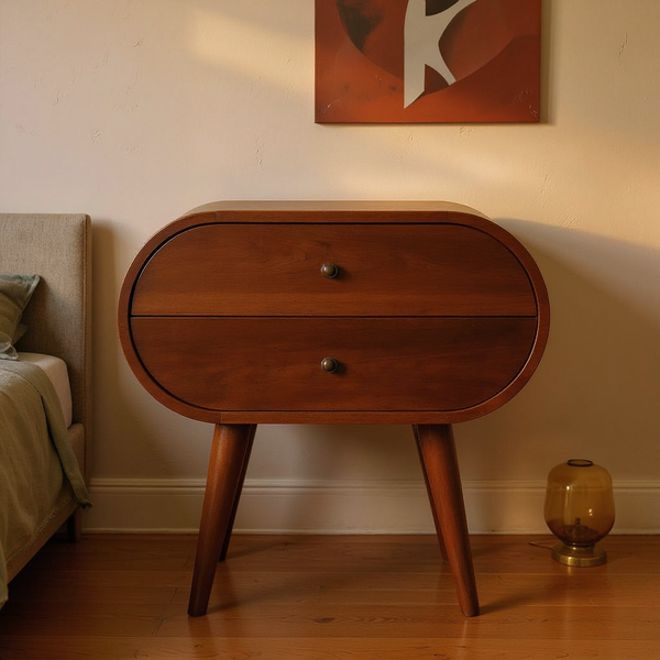 Chestnut Oval Mango Wood Nightstand in a styled home interior