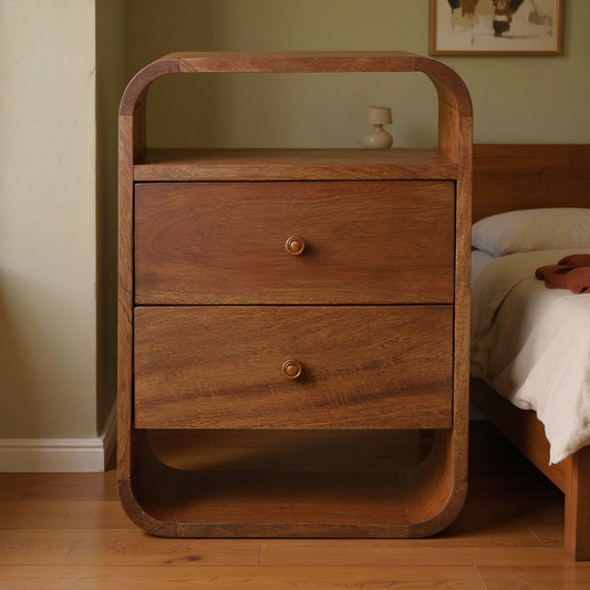 Curved Mango Wood 2-Drawer Nightstand in a styled home interior