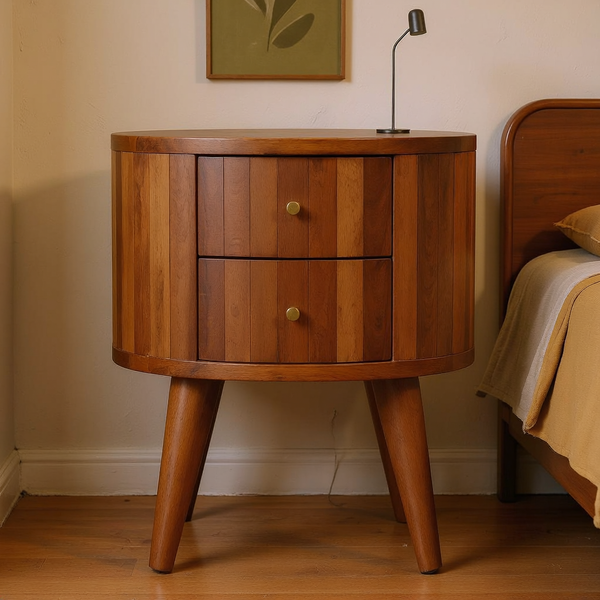 Round Stripe Mango Wood Nightstand in a styled home interior