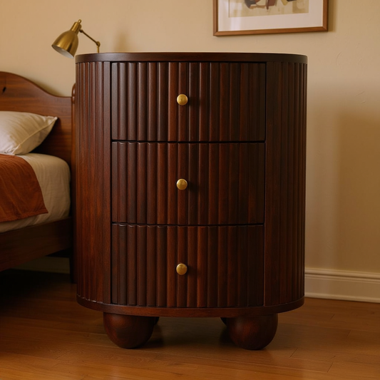 Fluted Mango Wood Drum Nightstand in a styled home interior