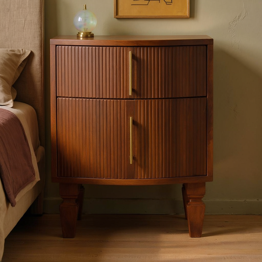 Fluted Mango Wood Two-Drawer Nightstand in a styled home interior