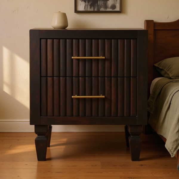 Fluted Mango Wood Two-Drawer Nightstand in a styled home interior