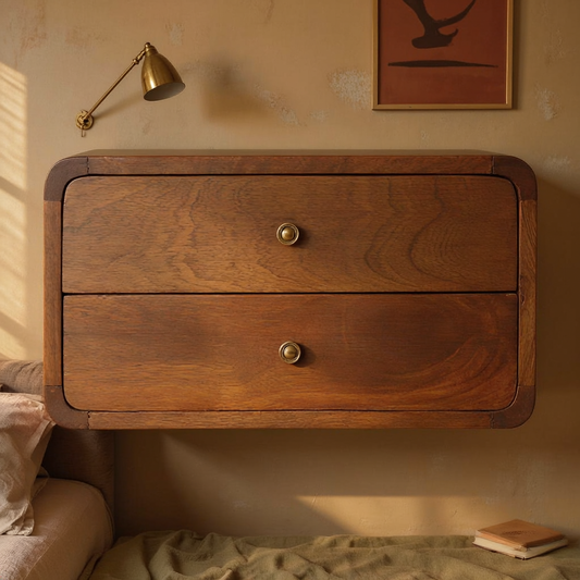 Chestnut Mango Wood Wall-Mounted Nightstand in a styled home interior