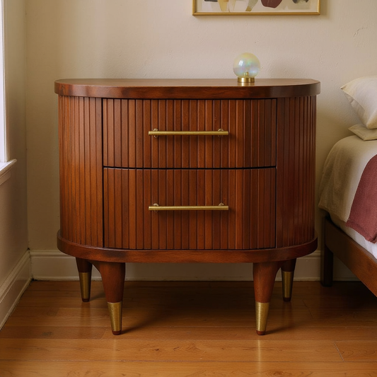 Ribbed Mango Wood Brass-Tipped Nightstand in a styled home interior