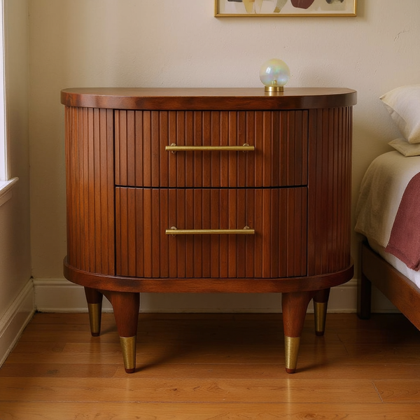 Ribbed Mango Wood Brass-Tipped Nightstand in a styled home interior