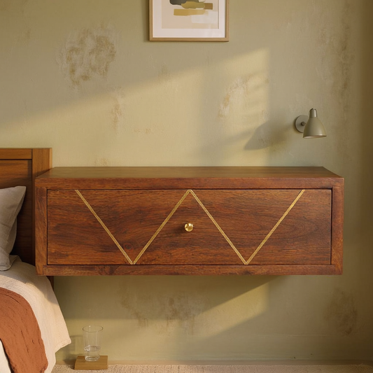 Mango Wood Brass Inlay Floating Nightstand in a styled home interior