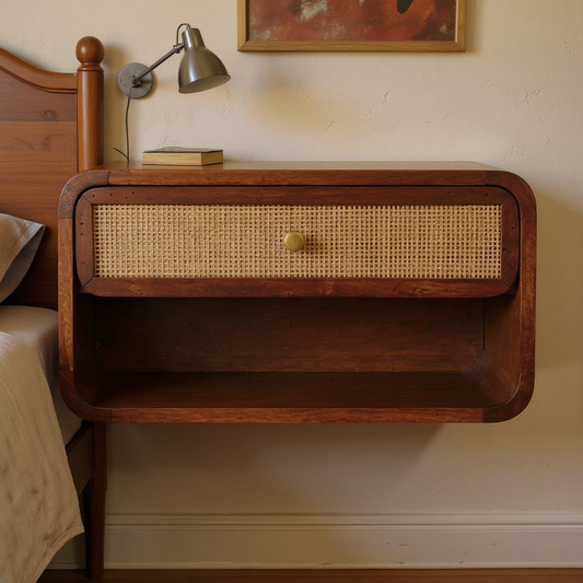 Chestnut Mango Wood Rattan Wall-Mounted Nightstand in a styled home interior
