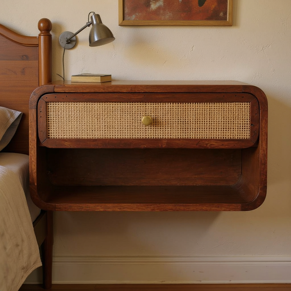 Chestnut Mango Wood Rattan Wall-Mounted Nightstand in a styled home interior