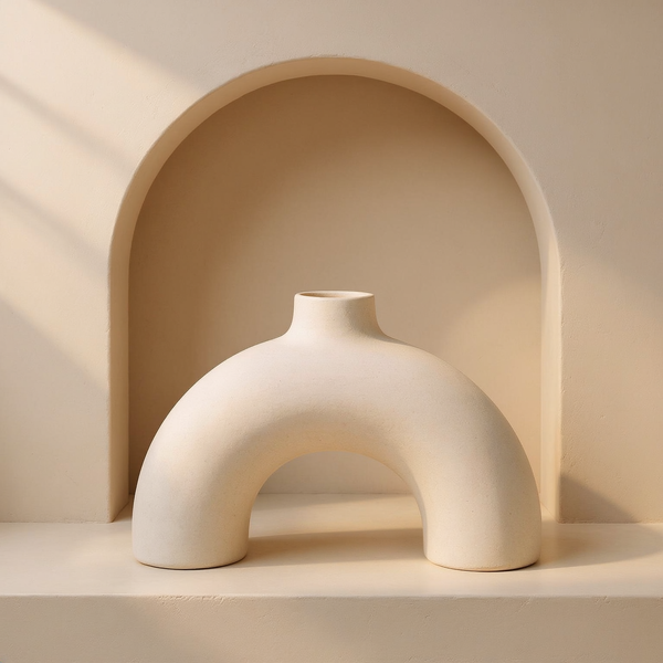 Arch-Form Matte Ceramic Vase in a cream plaster niche with warm natural side light