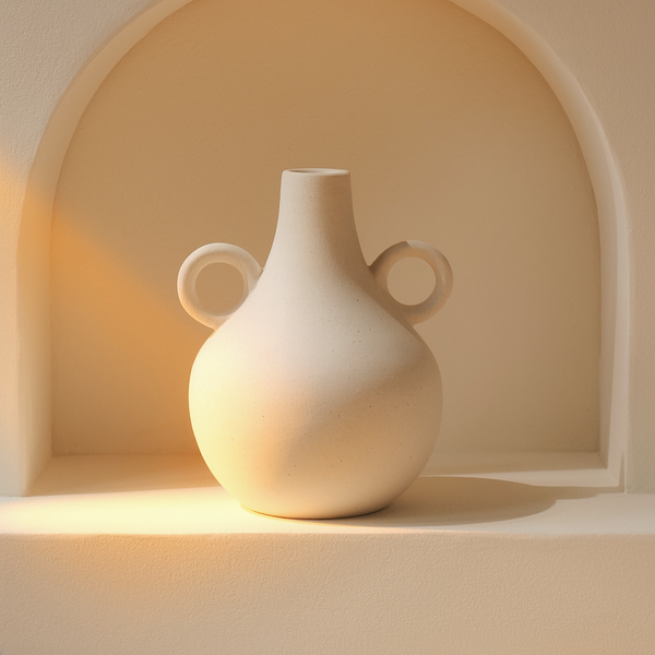 Matte Ceramic Belly Handle Vase in a cream plaster niche with warm natural side light