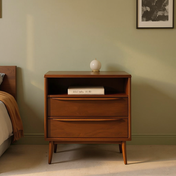 Walnut-Finish Charging Nightstand Two-Drawer in a styled home interior