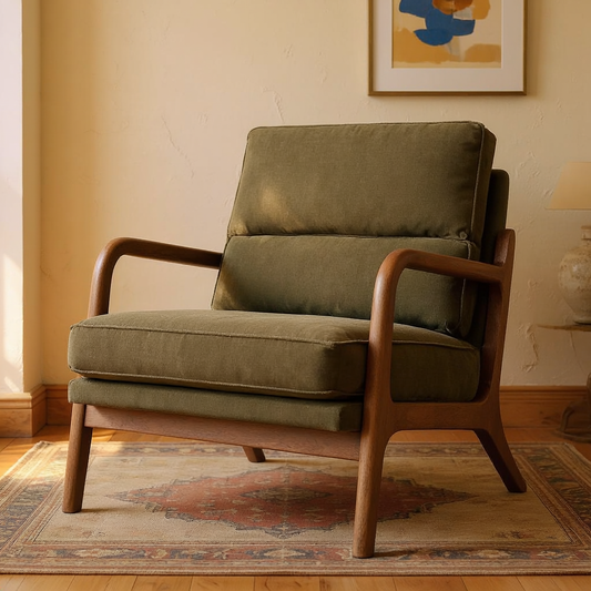 Mid-Century Linen Upholstered Accent Chair in a styled home interior