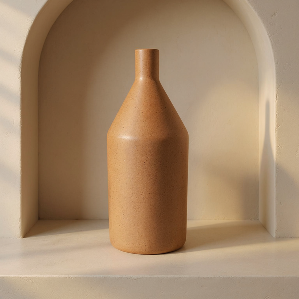 Earth-Tone High-Temperature Ceramic Morandi Vase in a cream plaster niche with warm natural side light