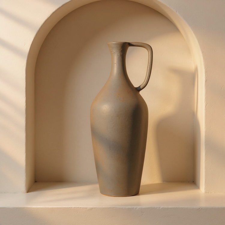 18-Inch Warm Gray Aluminum Pitcher Vase in a cream plaster niche with warm natural side light