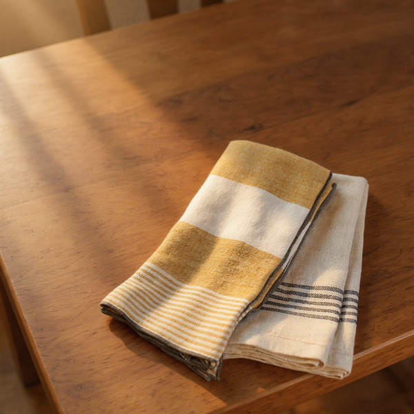 Yellow & Ivory Striped Linen Napkins, Set of 4 on a walnut table in warm side light