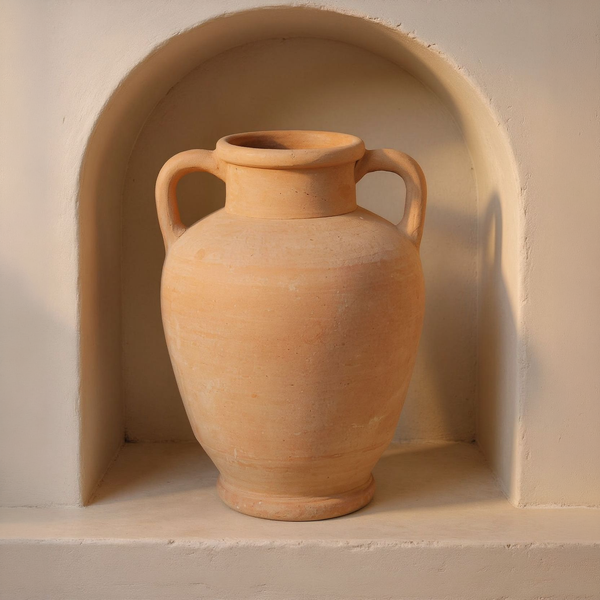 12-Inch Terracotta Amphora Vase with Loop Handles in a cream plaster niche with warm natural side light