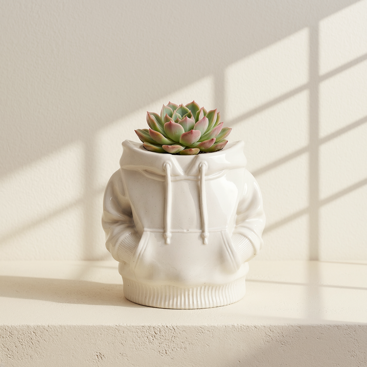 White Gypsum Hoodie Mini Planter against cream microcement with steel-window grid shadows