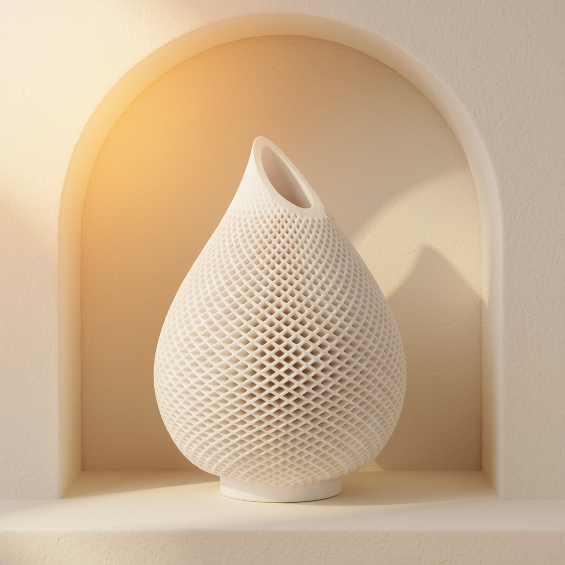 Gloss White Honeycomb Relief Teardrop Vase in a cream plaster niche with warm natural side light.