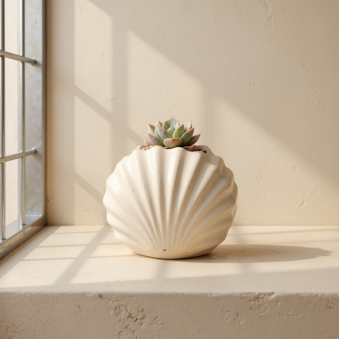 Cream White Gypsum Clam Shell Mini Planter against cream microcement with steel-window grid shadows.