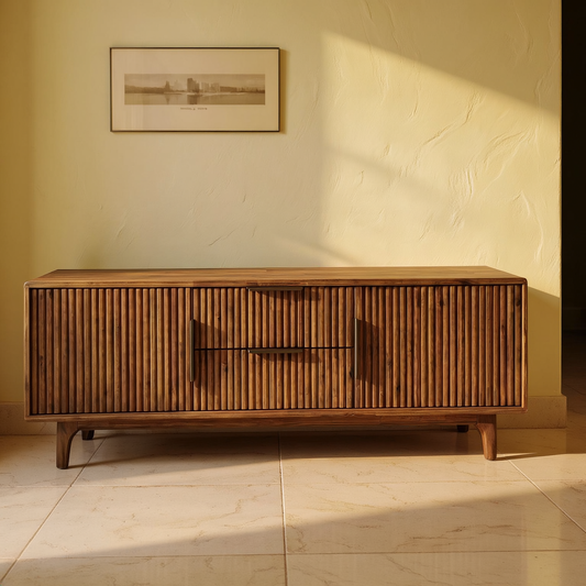 Solid Wood Reeded Storage Bench with Drawers & Doors in a sunlit entryway with cream limewash walls and travertine flooring