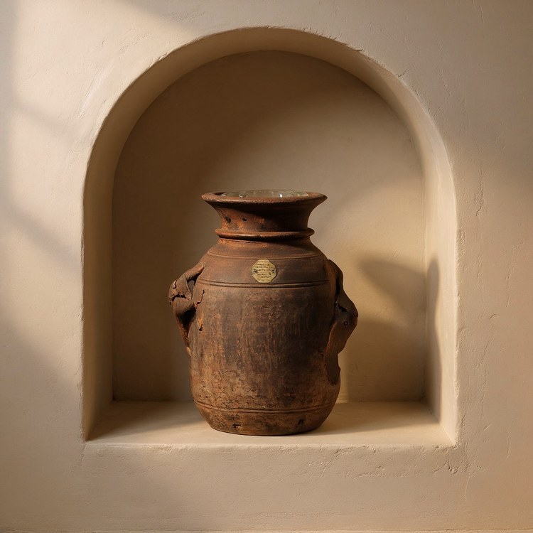 Vintage Wooden Pot with Glass Cylinder in a cream plaster niche with warm natural side light