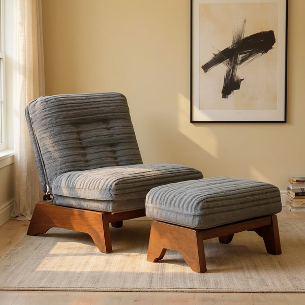 Grey Adjustable Accent Chair Featuring Plush Ottoman in a styled home interior