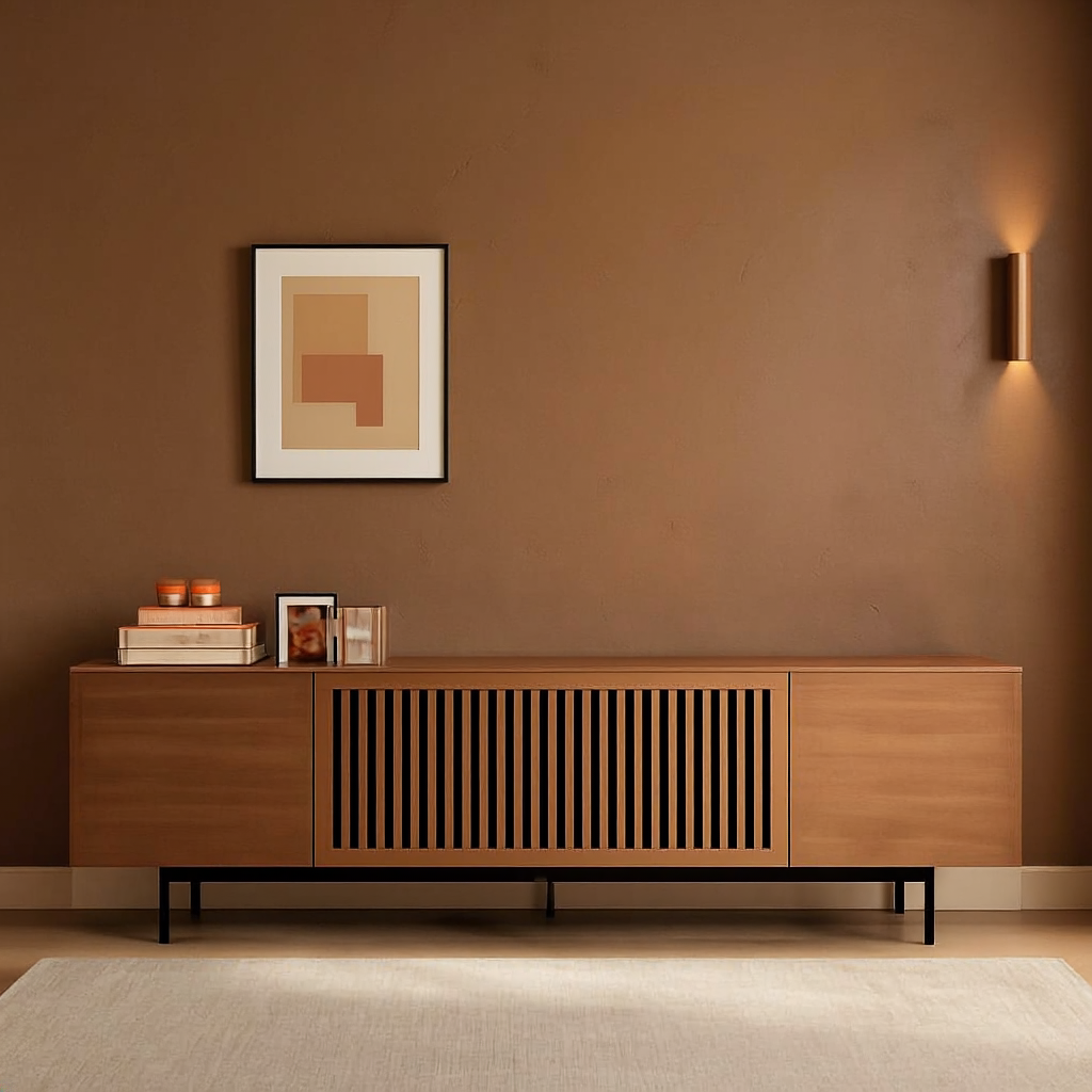 Walnut Veneer Slatted TV Stand 78-Inch in a styled home interior.