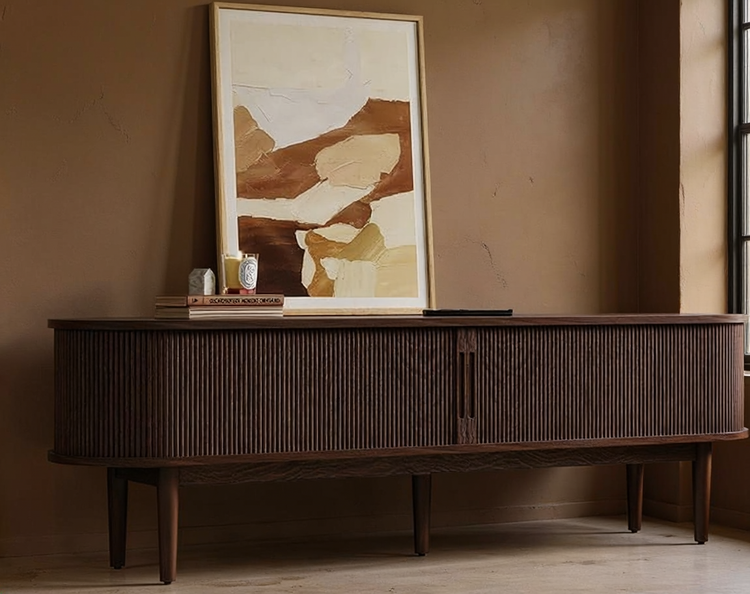 Fluted Tambour Door TV Media Console in a styled home interior