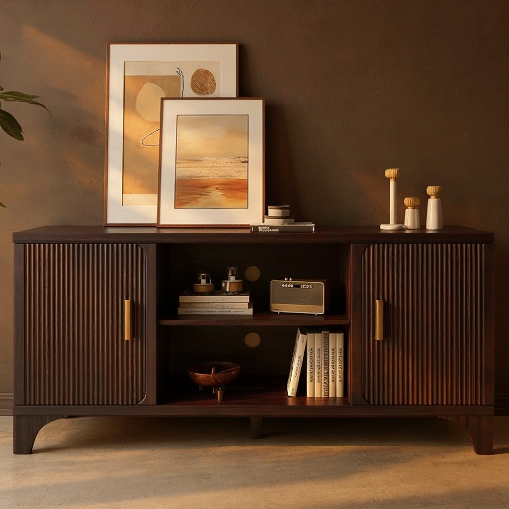 Tall Dark Brown Fluted TV Stand with Storage in a styled home interior.