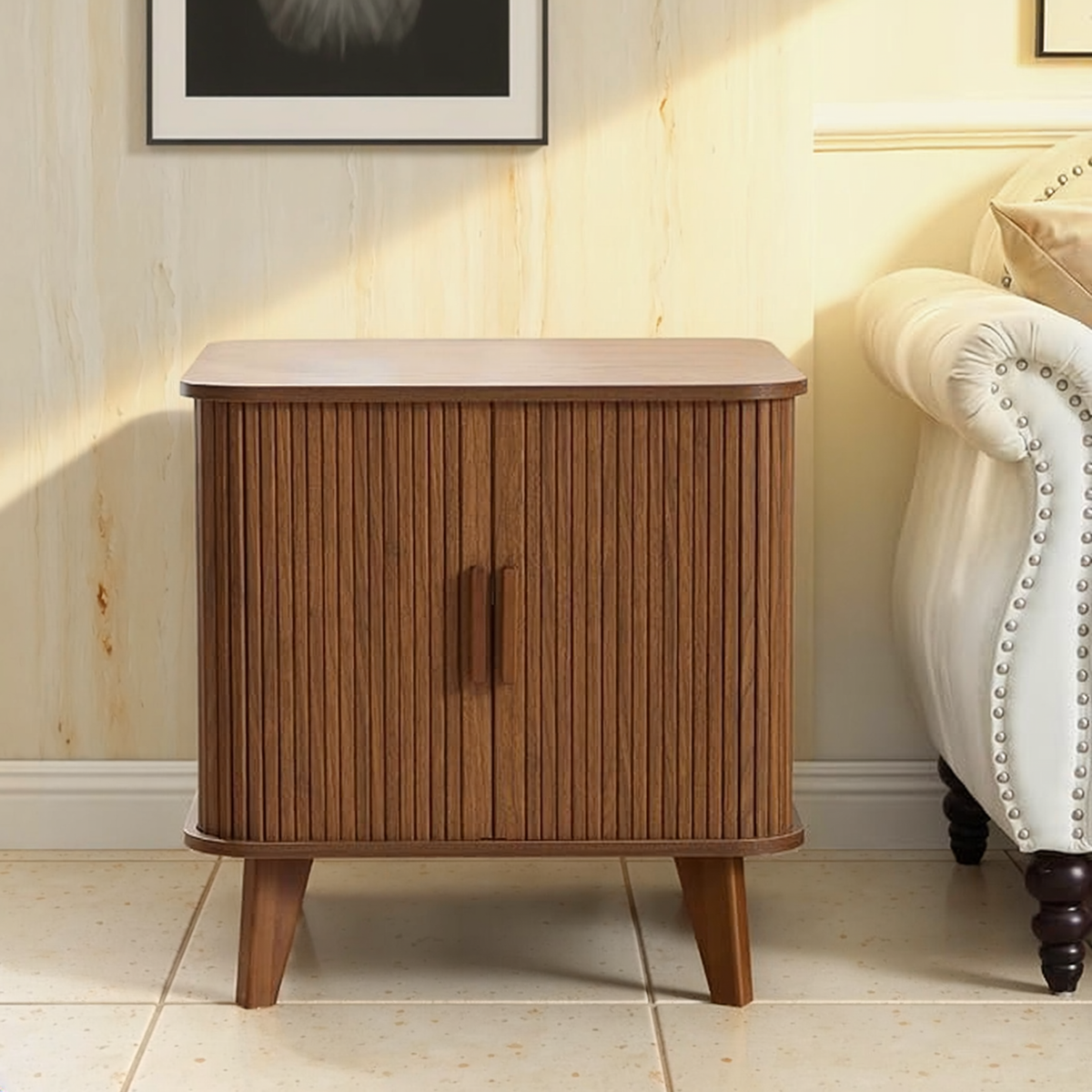 Walnut 24" Large Square End Table with Charging Station in a styled home interior.