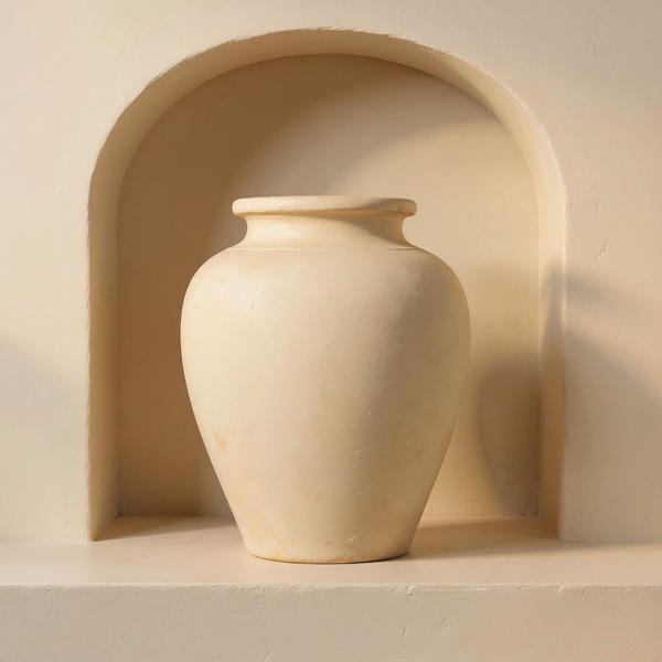 Cream Terracotta Urn Vase in a cream plaster niche with warm natural side light