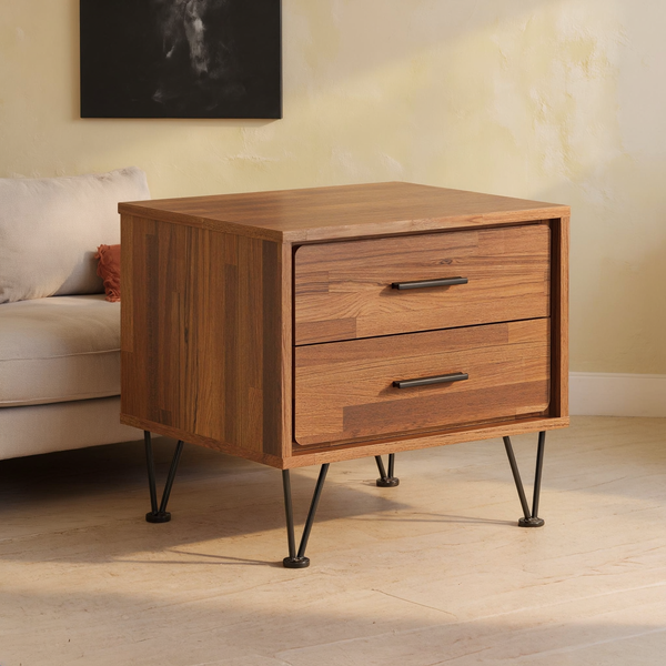 Two-Drawer Walnut-Finish Accent Table in a styled home interior
