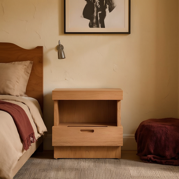Oak Finish Wood Nightstand with Drawer and Shelf in a styled home interior