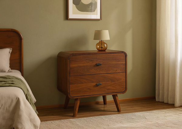 Walnut-Finish Two-Drawer Nightstand in a styled home interior