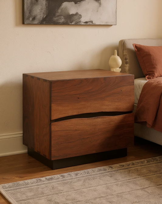 Smokey Walnut 2-Drawer Wood Nightstand in a styled home interior