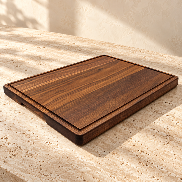 Thick-Cut Walnut Wood Cutting Board — Groove & Handles / 20" x 15" x 1.25" on a sunlit pale travertine counter