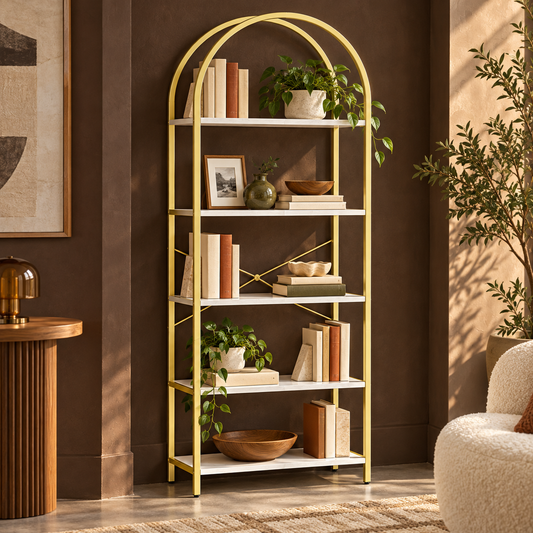 Arched Five-Tier Metal Bookcase styled with books in a warm reading room