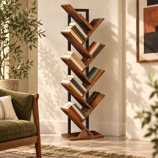 Chevron Nine-Tier Tree Bookshelf styled with books in a warm reading room