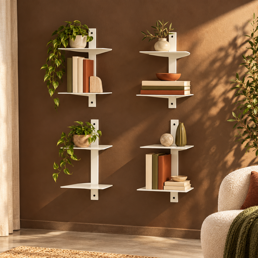 Floating Metal Wall Book Shelf styled with books in a warm reading room
