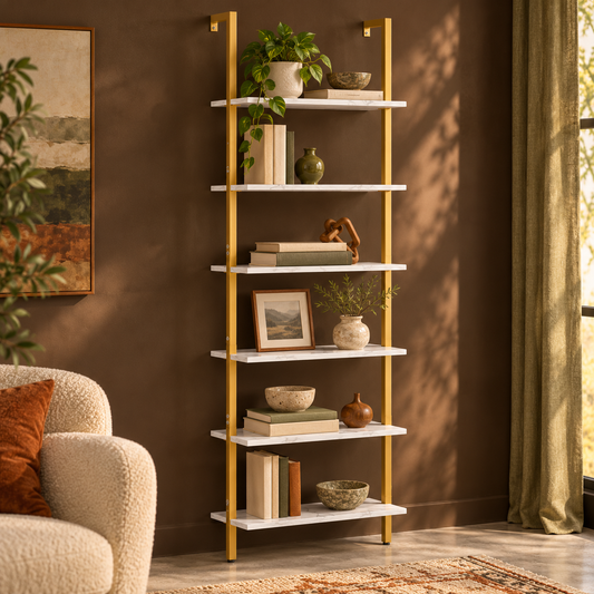 Marble-Print Six-Tier Ladder Bookcase styled with books in a warm reading room