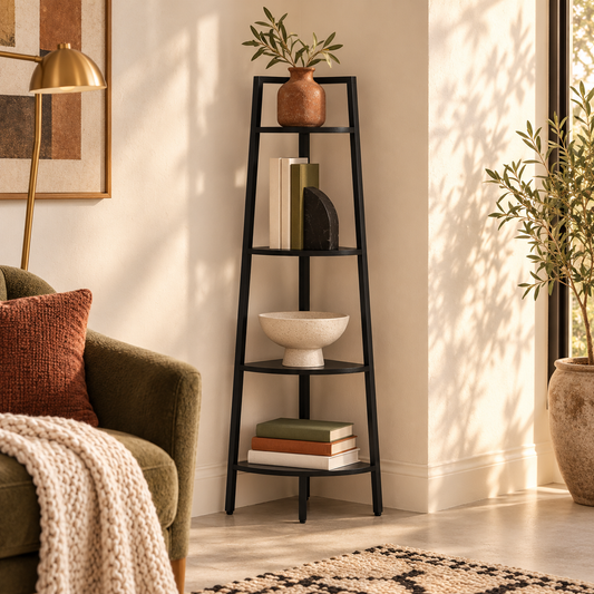 Matte Black Metal Corner Bookcase styled with books in a warm reading room