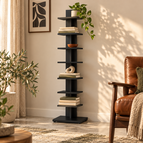 Matte Black Cantilevered Tower Bookshelf styled with books in a warm reading room