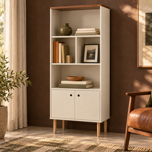 Mid-Century Cabinet Bookshelf with Storage styled with books in a warm reading room