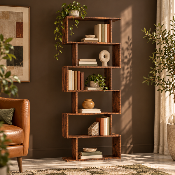 S-Curve Wood-Grain Six-Tier Bookcase styled with books in a warm reading room